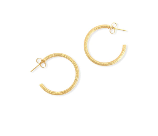 Single hoop earrings: Gold plated stainless steel single hoop earrings.