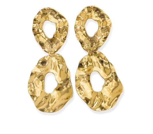Water resistant double dangling earrings: Gold plated earrings with hammered abstract cutout shapes