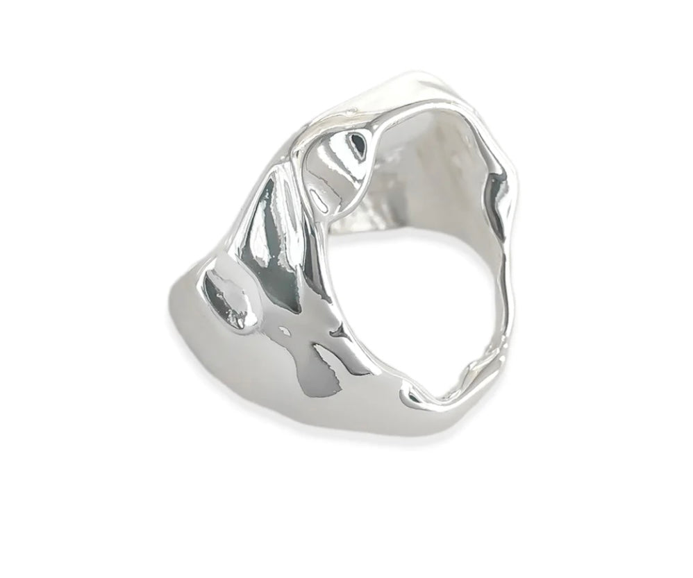 Hammered open circle ring: Rhodium plated ring with hammered open circle design.